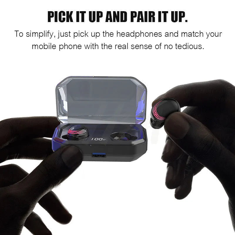 Black X10 Bluetooth wireless earbuds with compact rectangular charging case.