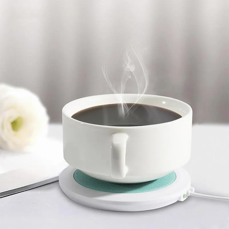 Black USB-powered insulated heating coaster with PU artificial leather surface for desk use