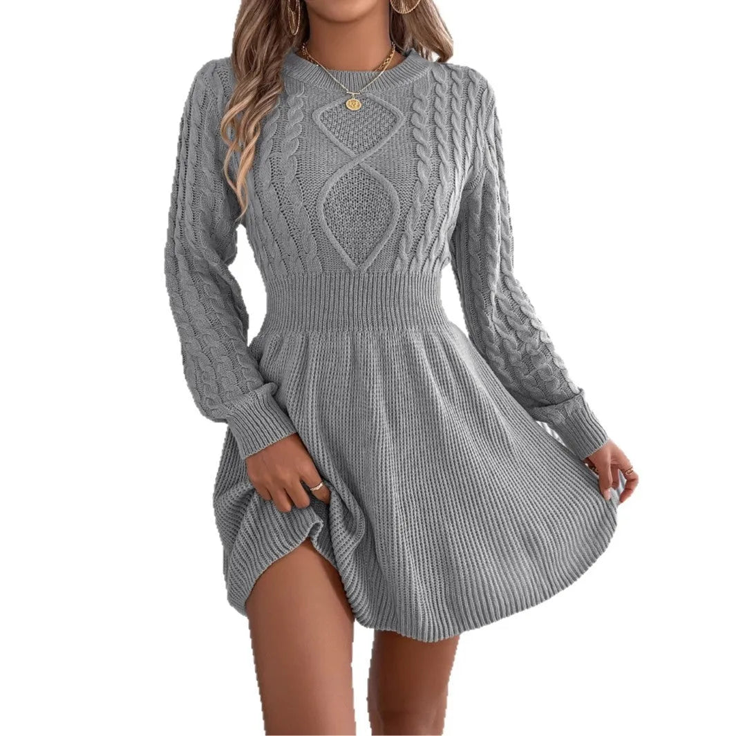 Women's artificial fur sweater dress with lantern sleeves and elastic waist in wine red colour