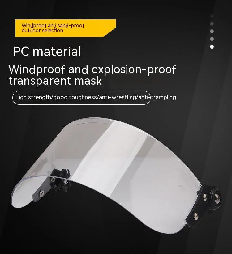 Transparent PC helmet face mask with guide rail mount 30x15cm semi-rimless design