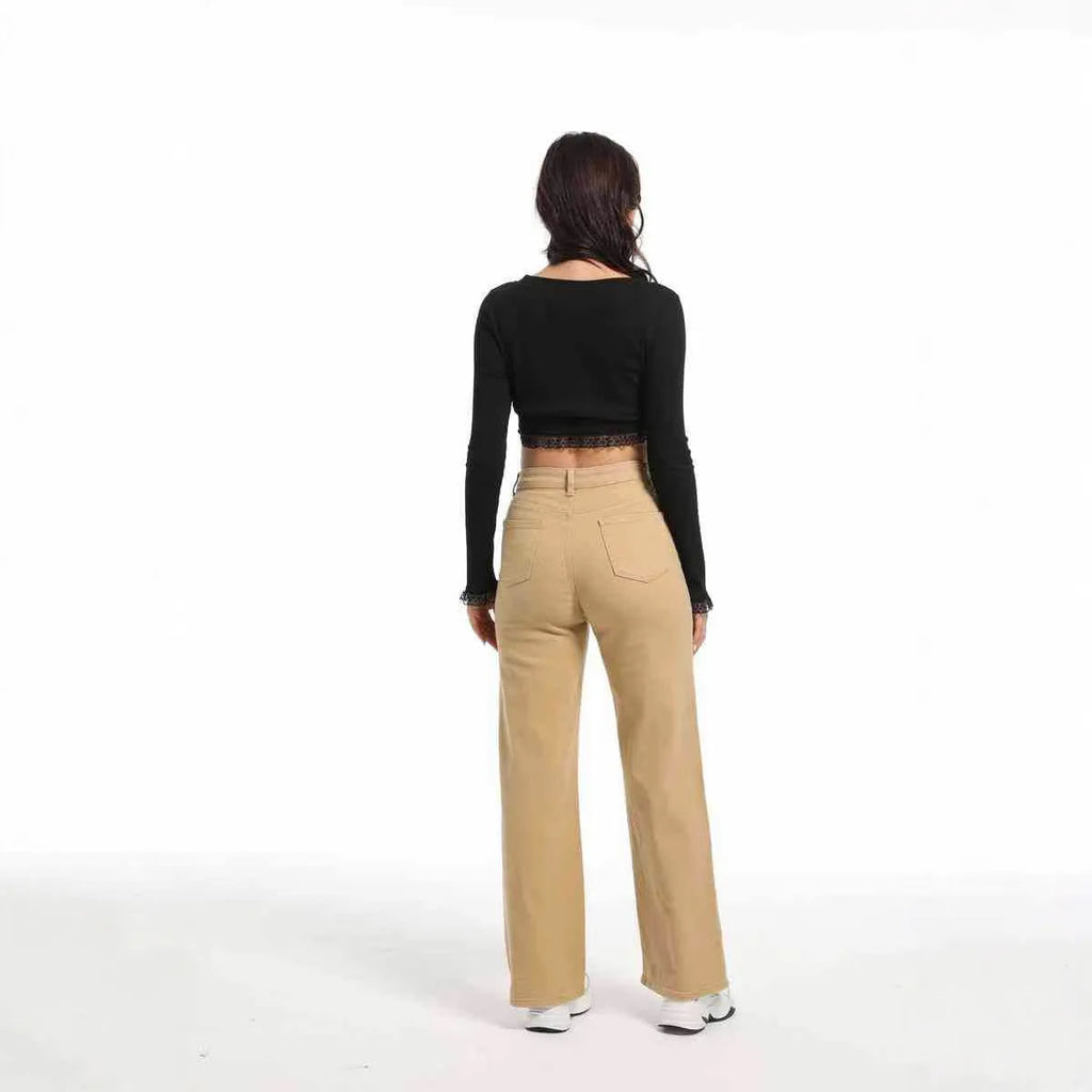 Women's autumn straight leg jeans in apricot colour with wide leg design and high waist