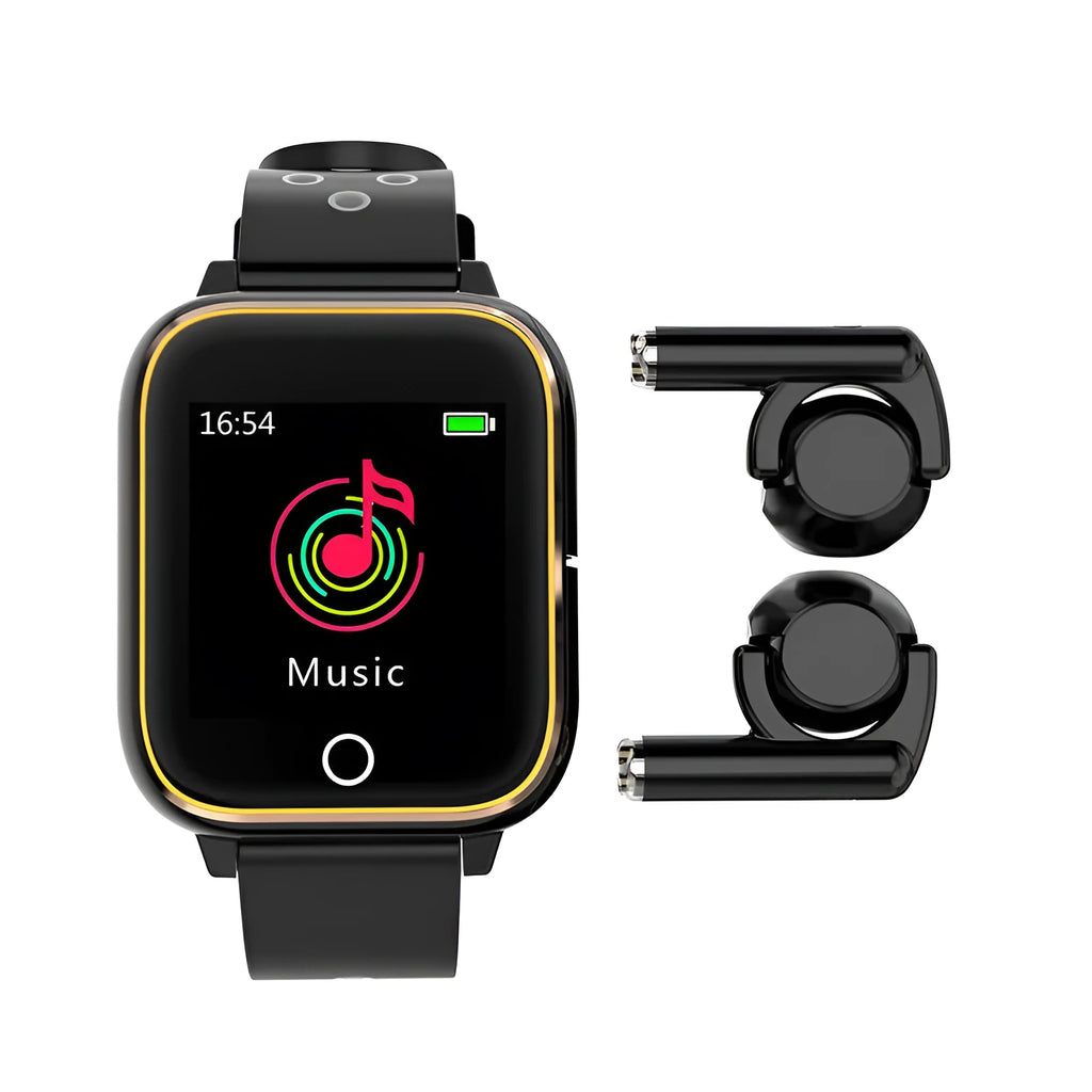 Black smart watch with built-in Bluetooth earbuds stored in the watch case on a wrist