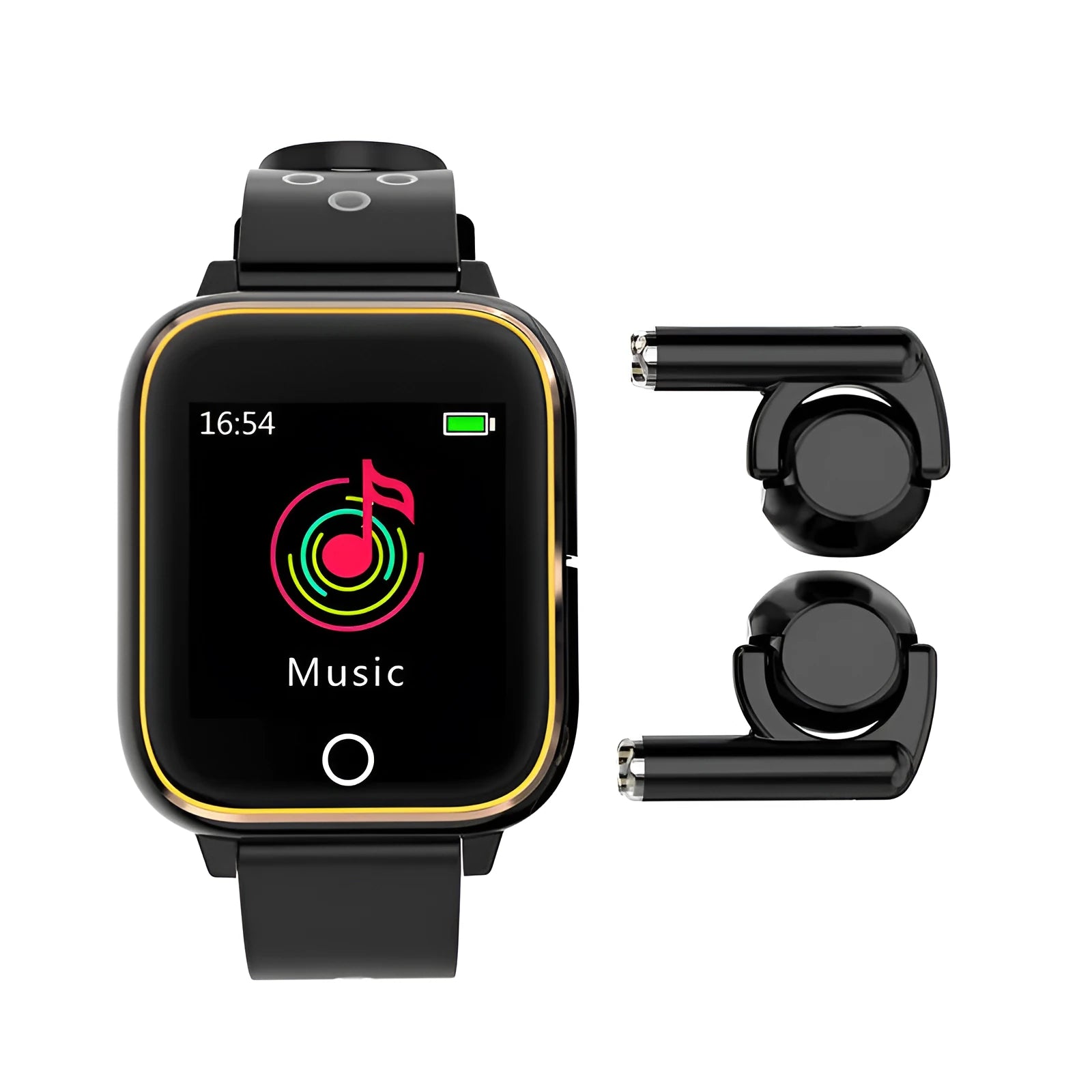 Black smart watch with built-in Bluetooth earbuds stored in the watch case on a wrist