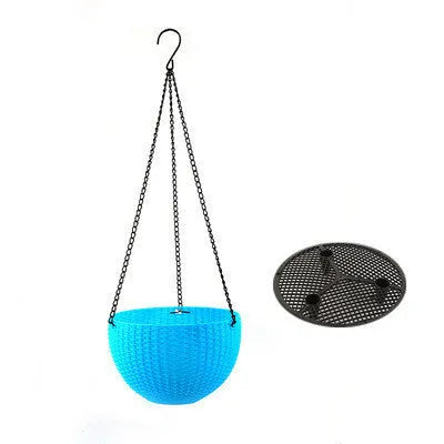 Plastic hanging plant basket with inner tank, 210mm diameter, on a 450mm chain in multiple colours.