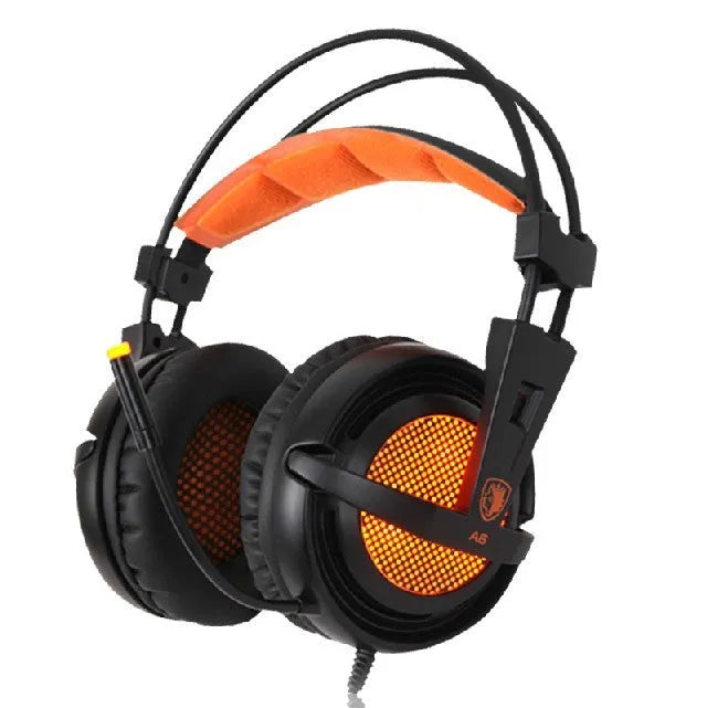 Black USB gaming headset with LED lights showing 7.1 surround sound and padded ear cushions