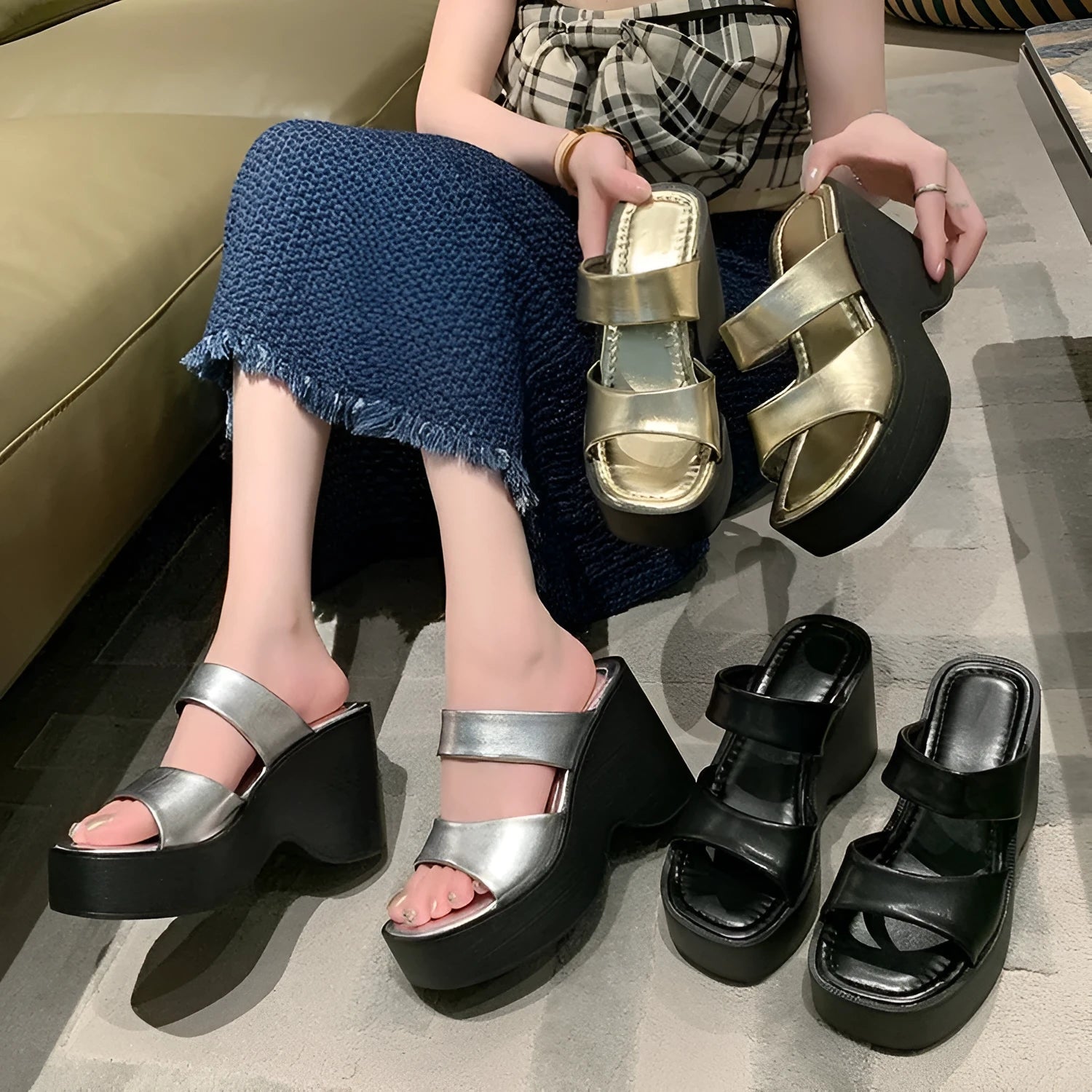 Wedge platform slippers for women, square toe, PU upper, black colour