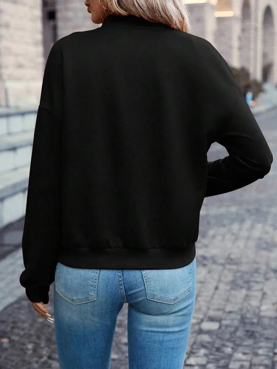Black women's casual zip jacket with long sleeves and polyester fabric