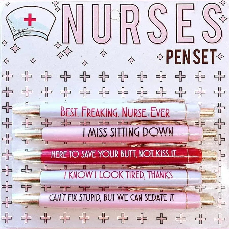 Set of five blue and pink nurse-themed retractable ballpoint pens on a white background.