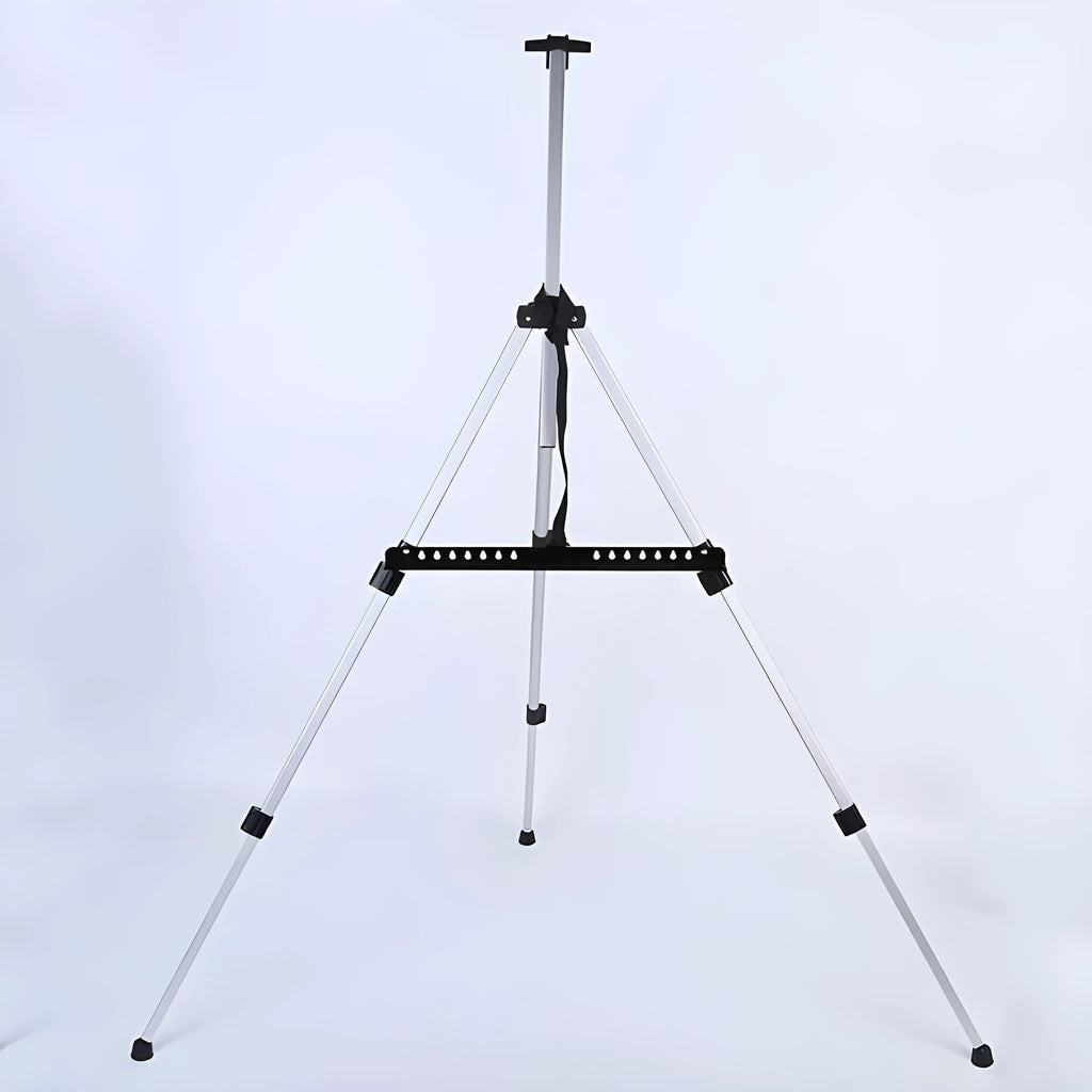 Silver adjustable aluminium alloy easel folded for transport with black carrying bag and shoulder strap