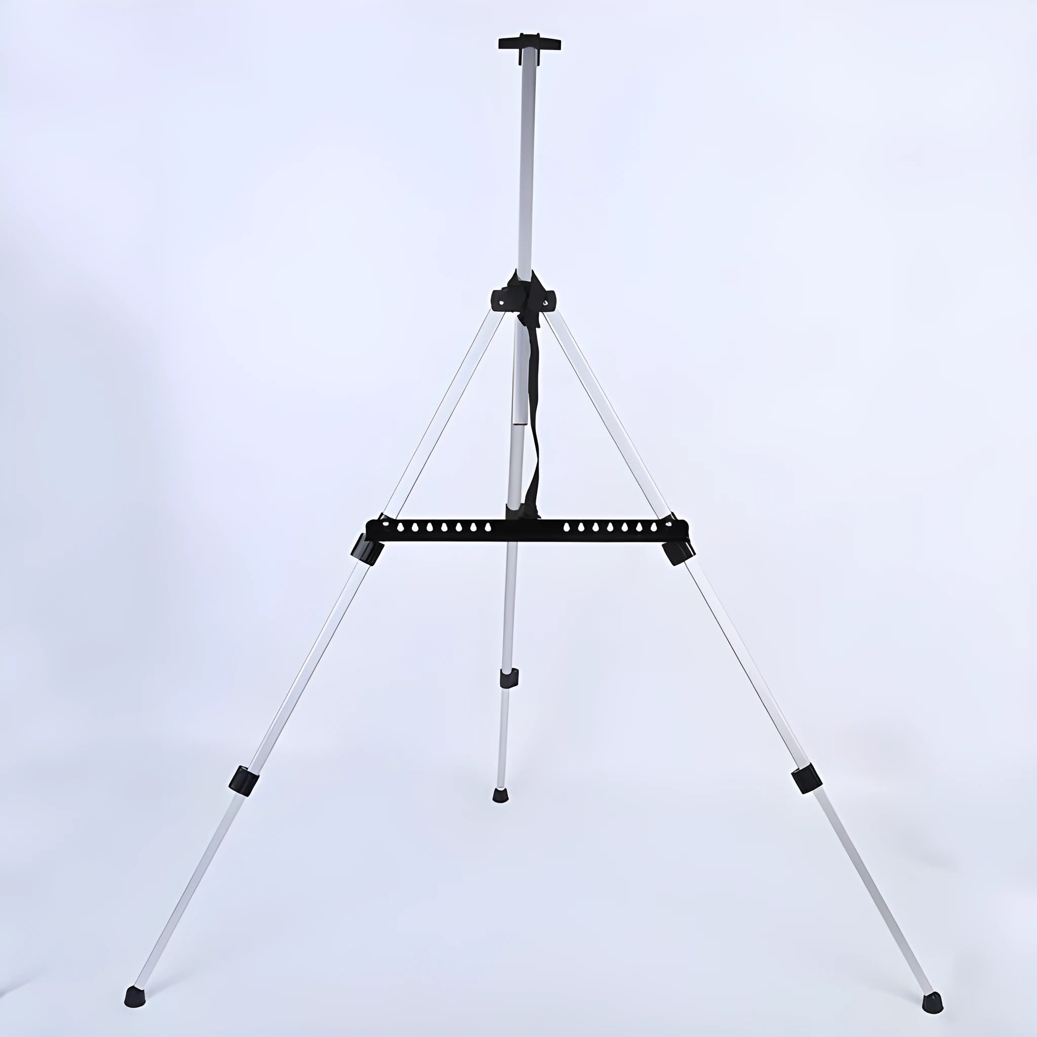 Silver adjustable aluminium alloy easel folded for transport with black carrying bag and shoulder strap