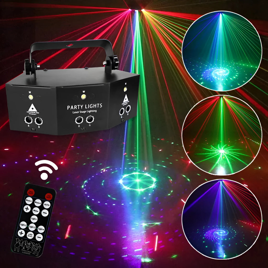 Nine eye laser strobe light with white strobe beads and red green blue lasers, AC110-240V