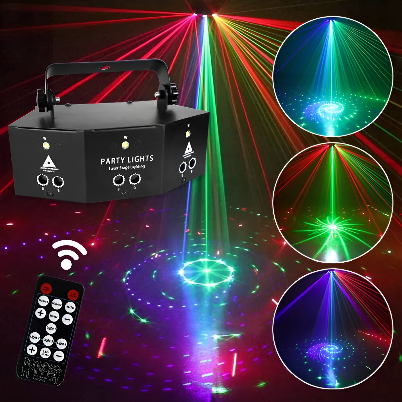 Nine eye laser strobe light with white strobe beads and red green blue lasers, AC110-240V