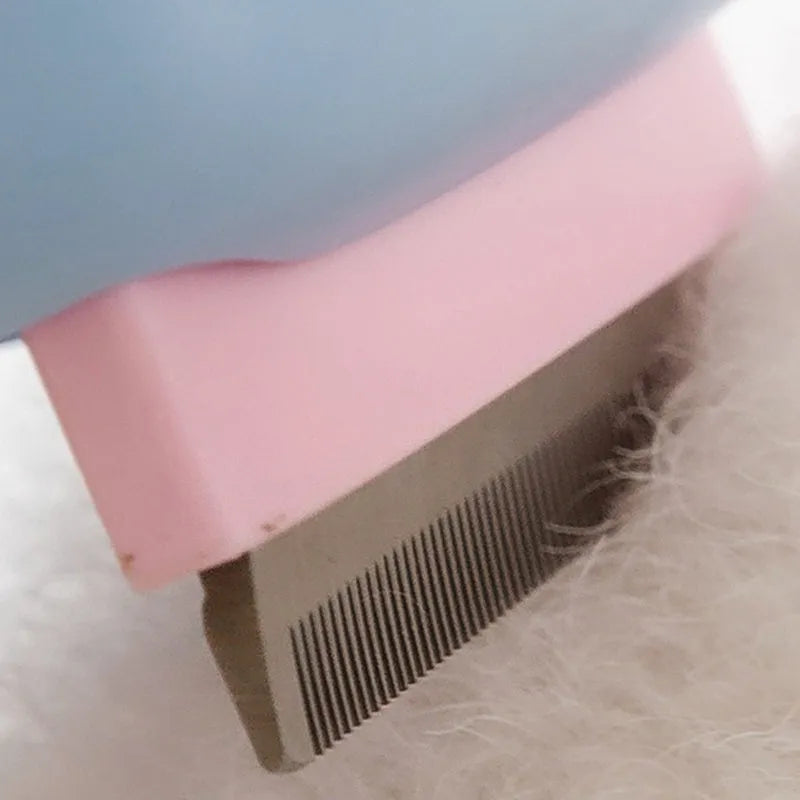 Red double-sided pet grooming brush with deshedding rake and dematting comb, shown with dimensions.