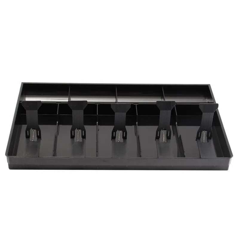 Black ABS plastic five-drawer cash box with coin and note compartments, 40 cm wide