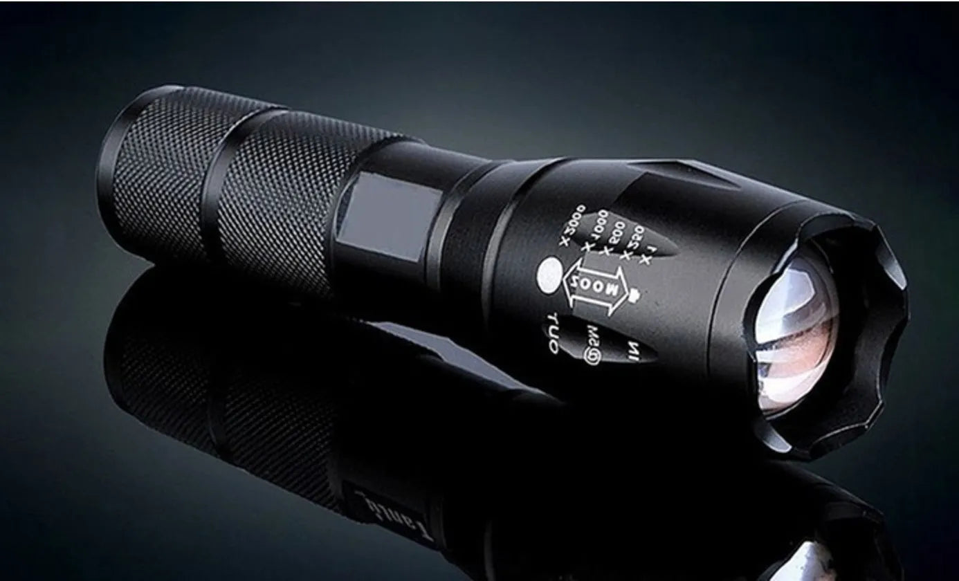 Portable mini LED zoom flashlight in black aluminium alloy body with adjustable focus 500m range