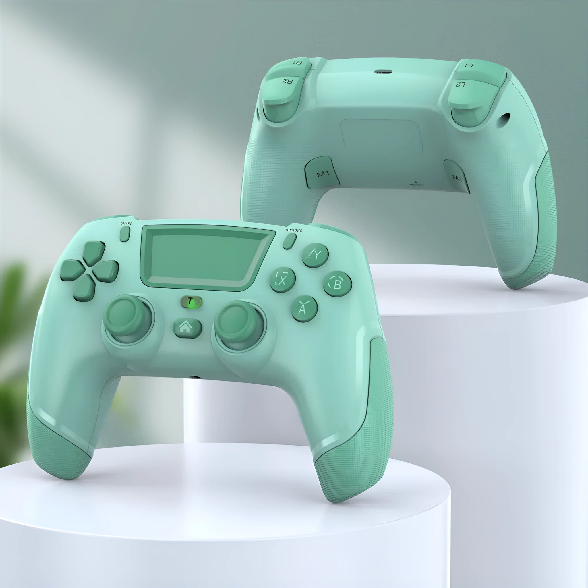 PS4 wireless Bluetooth gamepad in fruit green colour on a desk, with vibration and force feedback functions