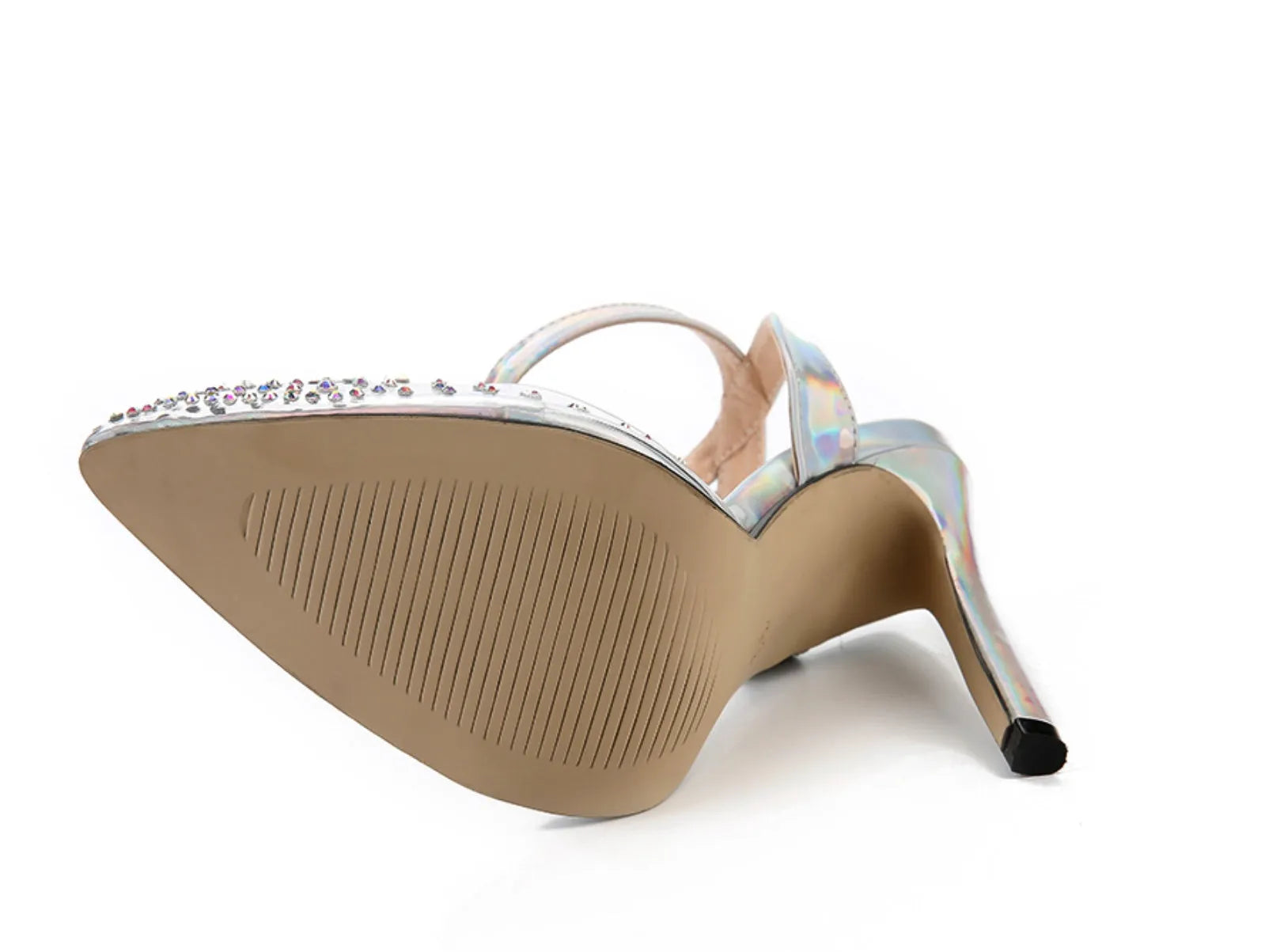 Women's pointed toe diamond sandals with a stiletto heel and PVC upper.