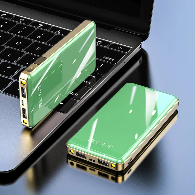 Mirror digital display power bank in aluminium shell showing 20000mAh capacity.