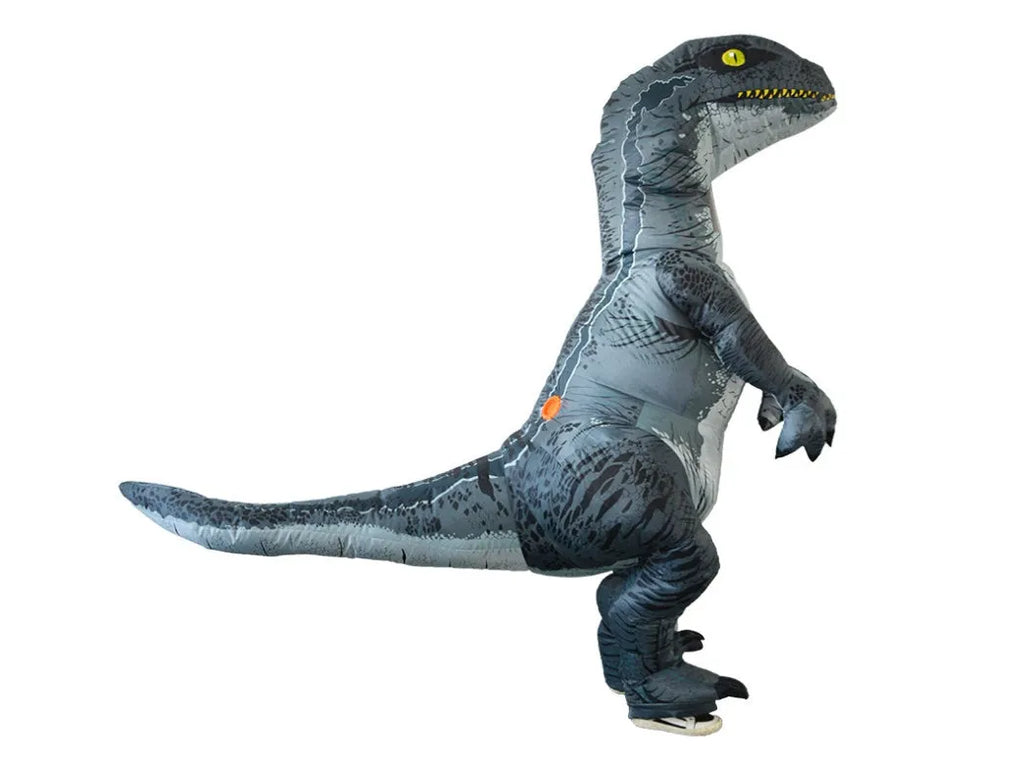 Inflatable blue Tyrannosaurus dinosaur costume from Jurassic World with fan and accessories for adults