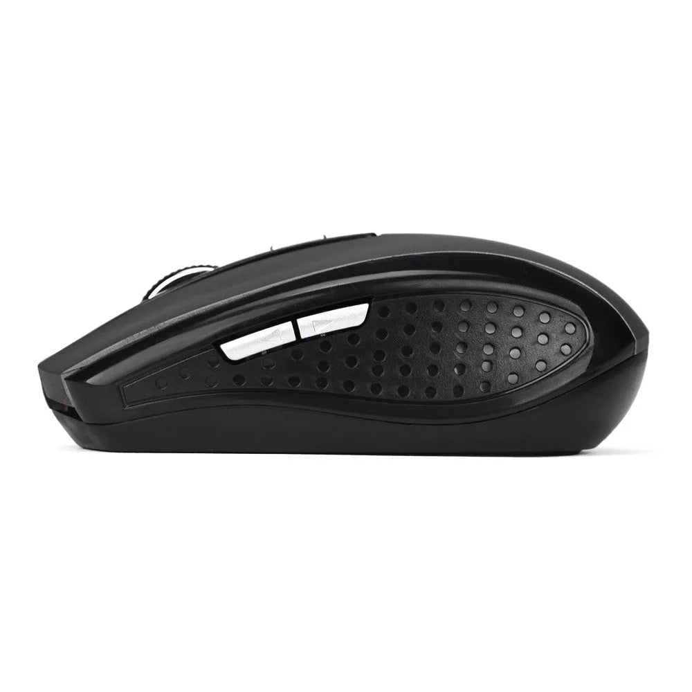 Wireless optical mouse in matte black with six buttons and scroll wheel on a desk