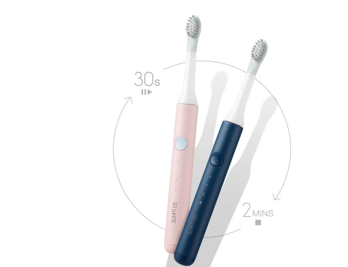 Sonic electric toothbrush with round brush head in blue, IPX7 waterproof handle with power button