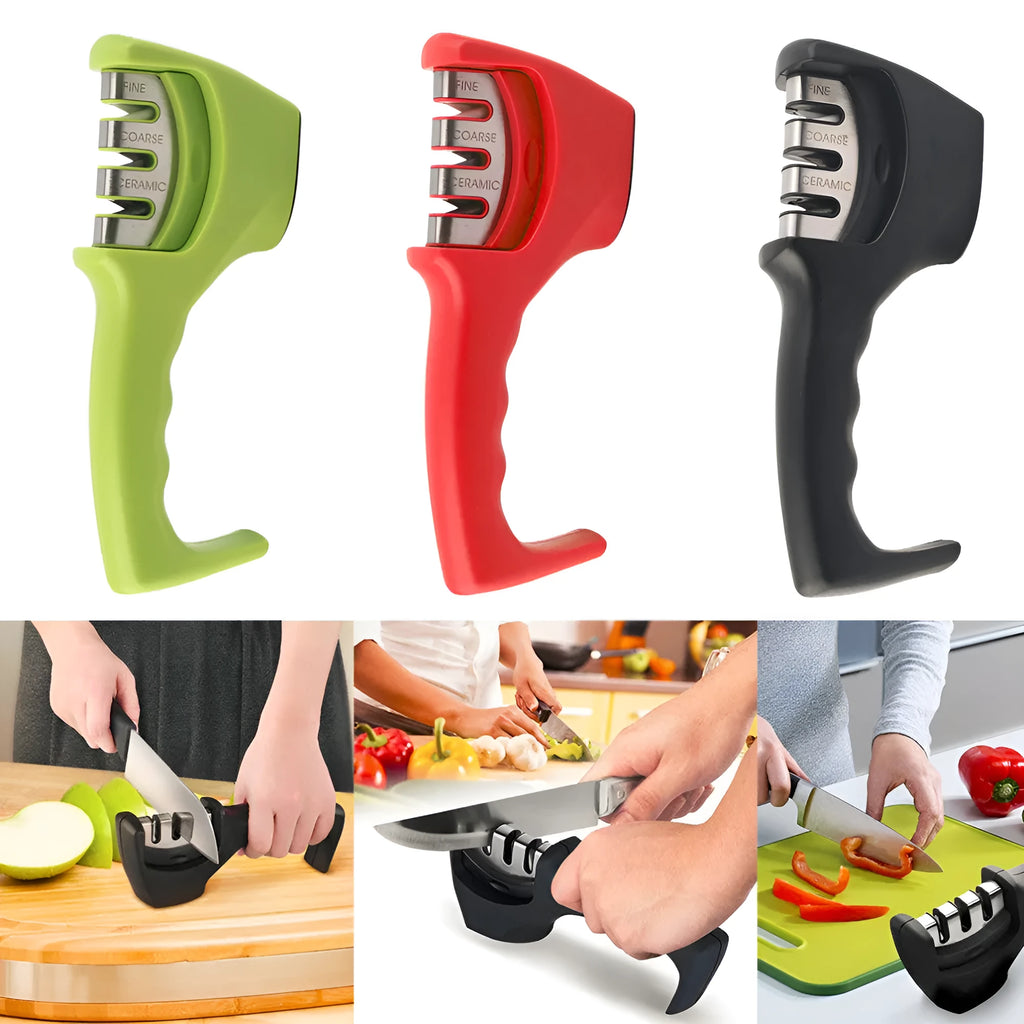 Three-level knife sharpener with three slots, anti-slip rubber feet, and ABS body in black – 20.5x6x7.5cm