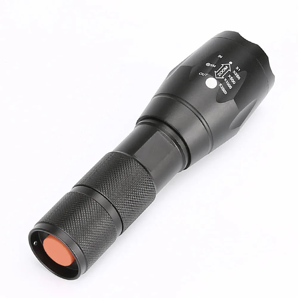 Portable mini LED zoom flashlight in black aluminium alloy body with adjustable focus 500m range