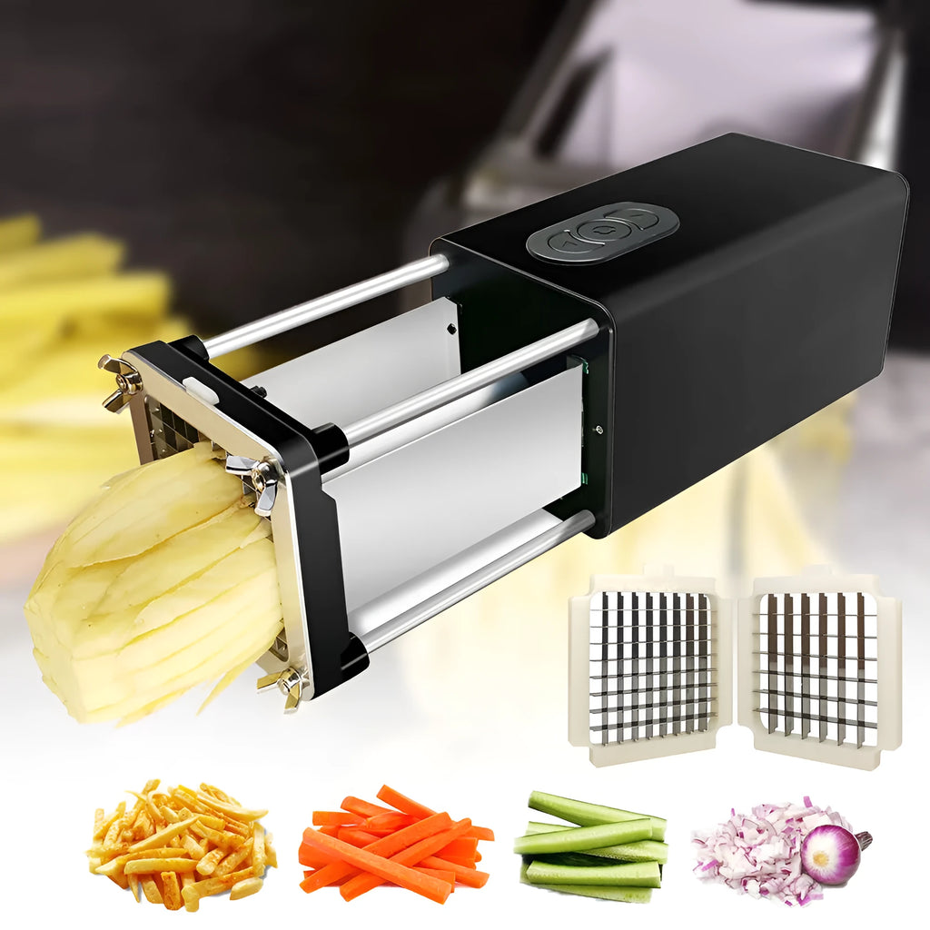 Electric french fry cutter machine black ABS body with stainless steel blades and top control buttons