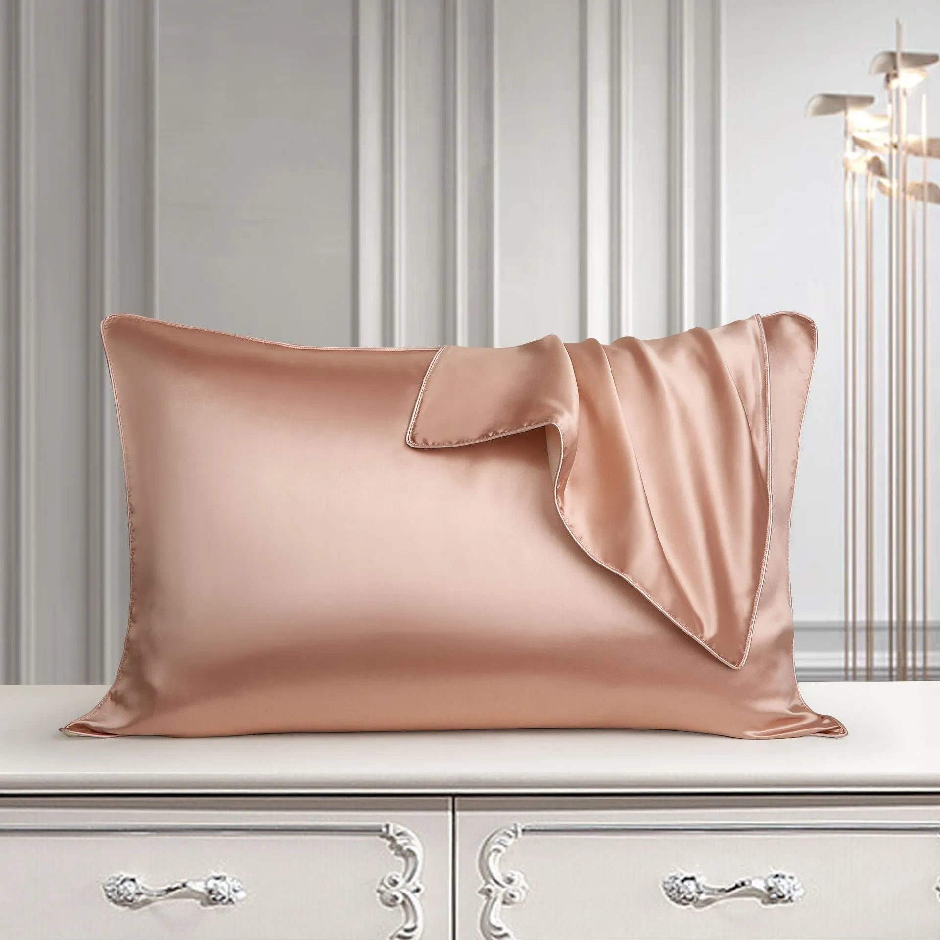 100% mulberry silk pillowcase 48x74cm palace luxury style with inlaid rope edge in champagne gold