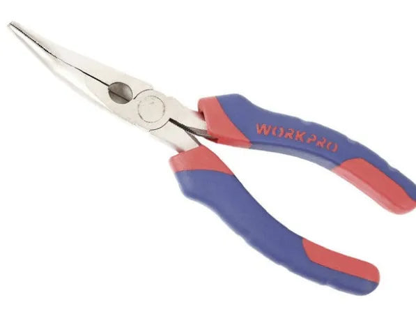 Double colour sleeve handle curved nose pliers in blue, steel construction, side view