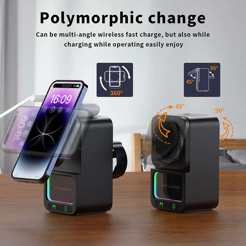 White Bluetooth speaker with wireless charging station showing magnetic attachment area for smartphones