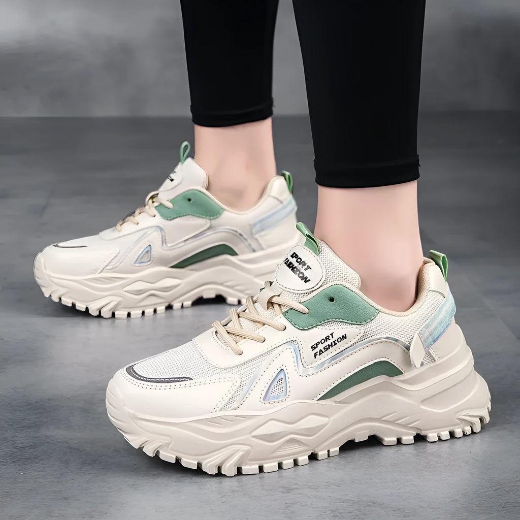 Sports Dad Casual Shoes low top mesh upper round toe rubber sole beige green colour