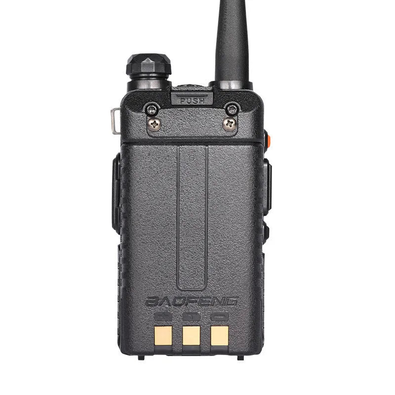 Black handheld dual-band two-way radio walkie talkie with antenna, LCD screen, and keypad.