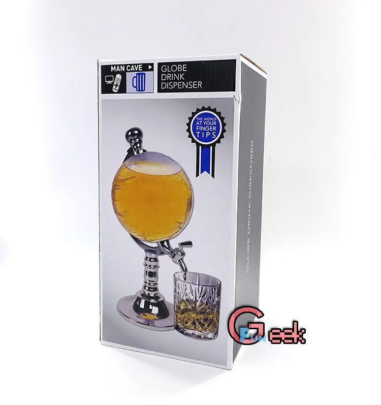 Transparent globe wine decanter dispenser with silver chrome stand and plastic body on a table