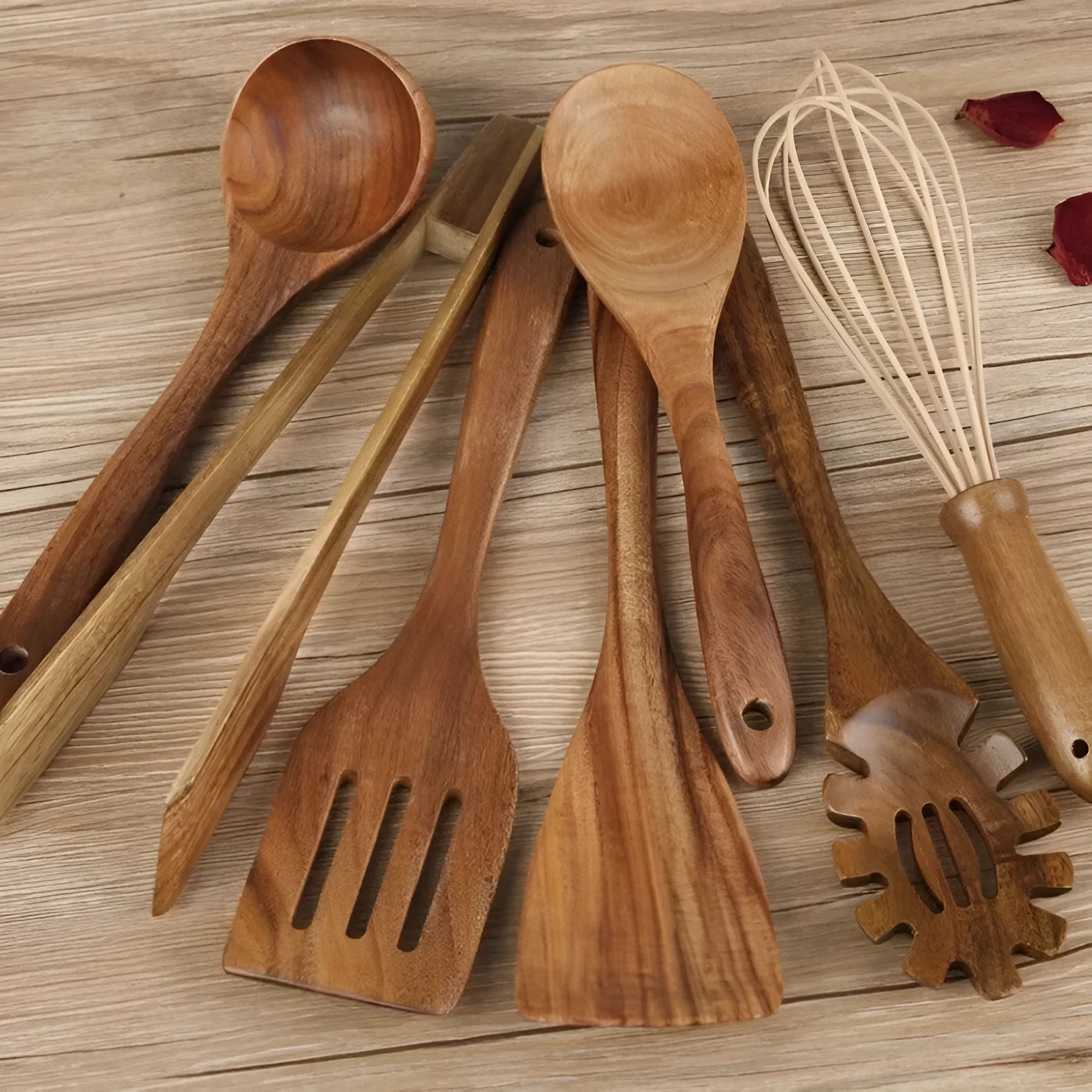 Seven wooden cooking utensils including spoon and spatula for non-stick pans with anti-scald handles