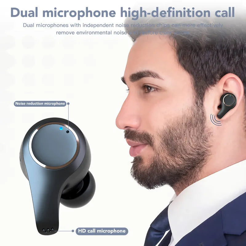 Wireless ANC active noise cancelling Bluetooth headset in black with earplug design and charging case