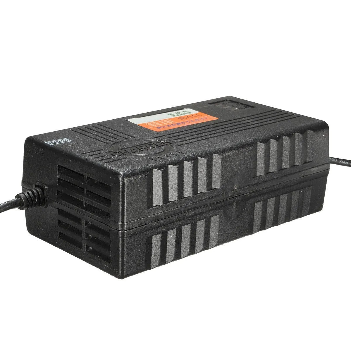 Black 72V 20AH electric car charger with compact design and international plug options.