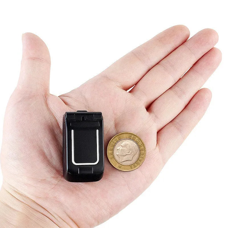 Mini flip mobile phone showing golden, rose red, black, blue, white, and yellow colour options with flip cover open