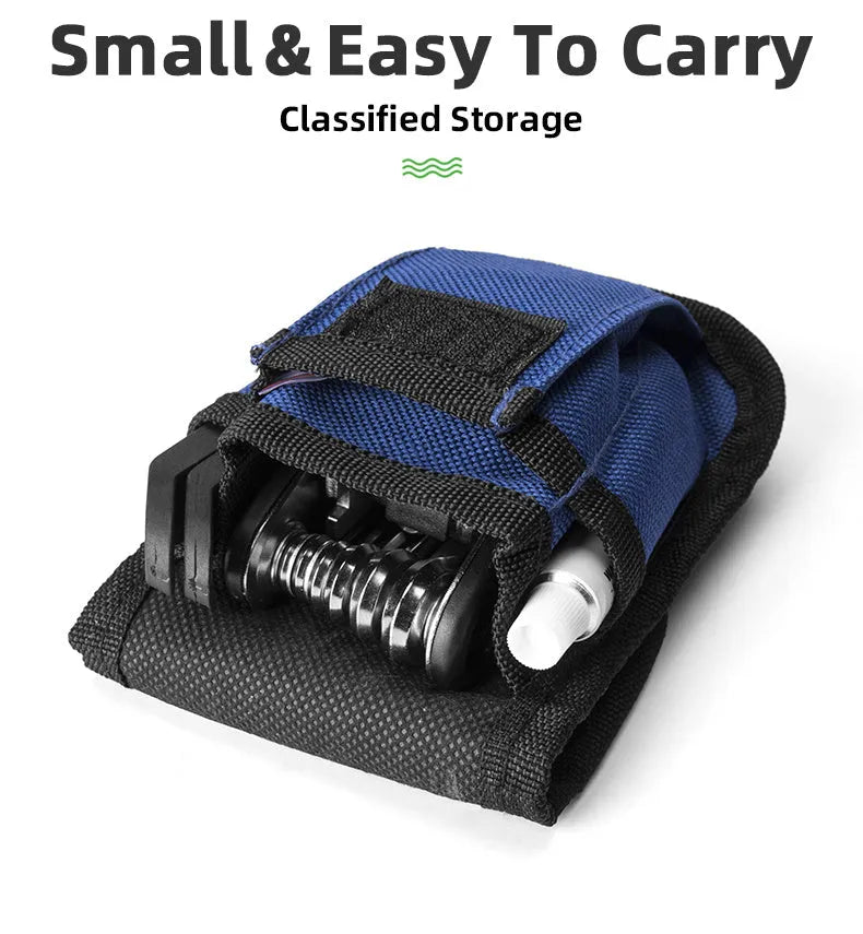 Portable bicycle tire repair kit in storage pouch mounted on upper tube of bike frame, with maintenance tools visible