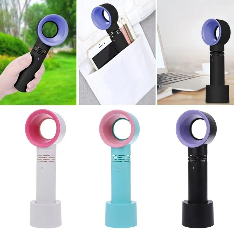 Portable bladeless fan in white with USB charging cable, base, and three speed settings