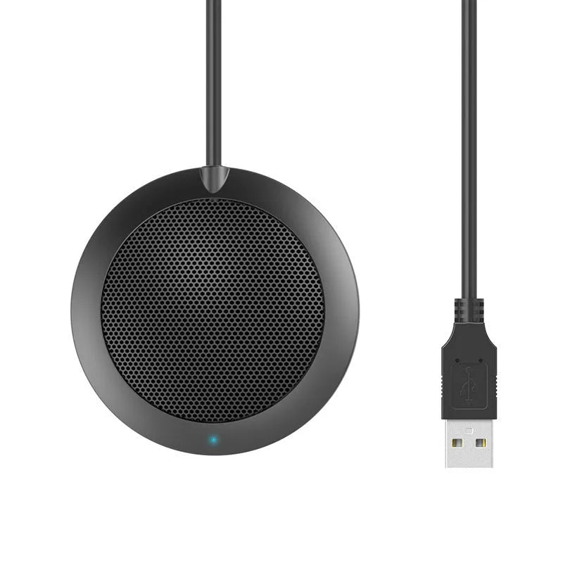 360 degree omnidirectional USB microphone in black, zinc alloy shell with metal mesh cover, 70mm diameter