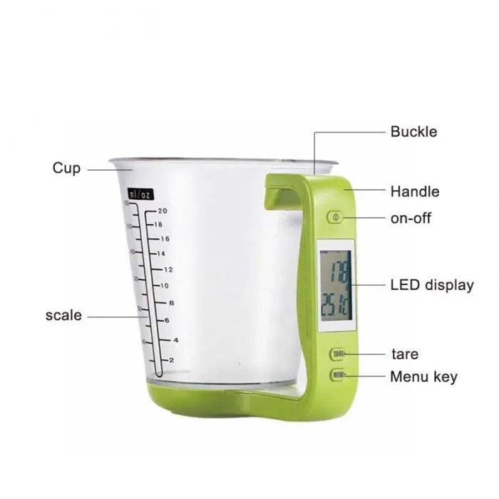 Green digital measuring cup scale with LCD display in handle on white background