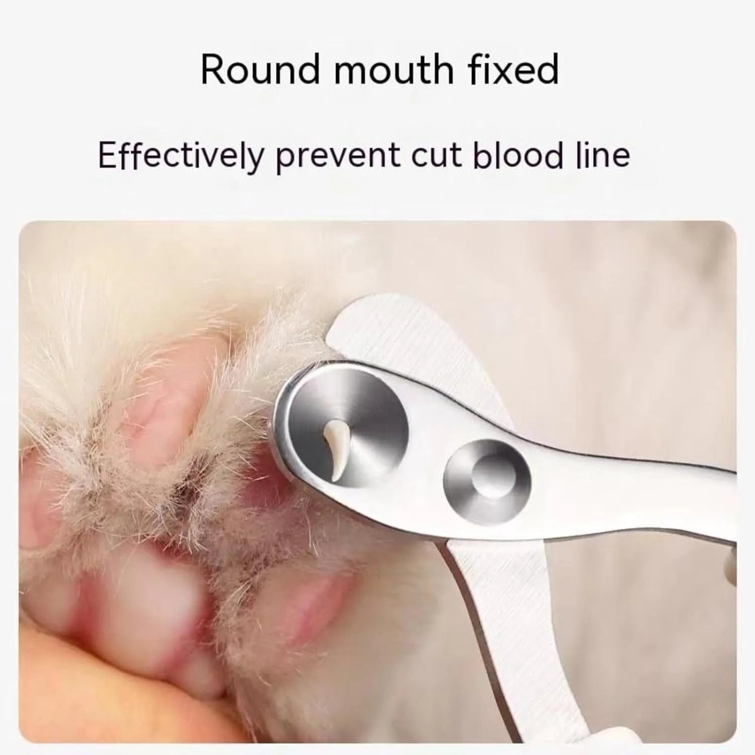 Blue professional pet nail clippers with circular safety hole and non-slip handle.