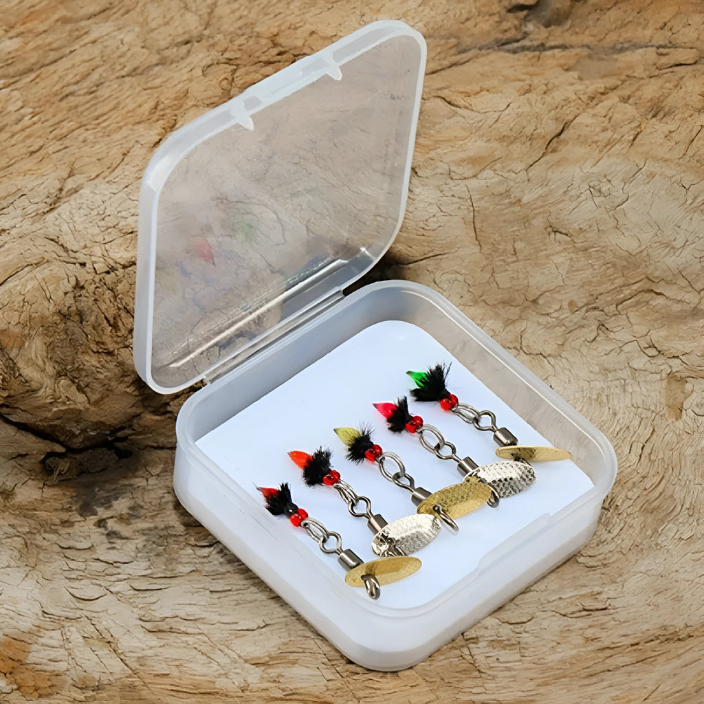 Five bionic fishing hooks with spinning sequins in multicolour mosquito and fly patterns