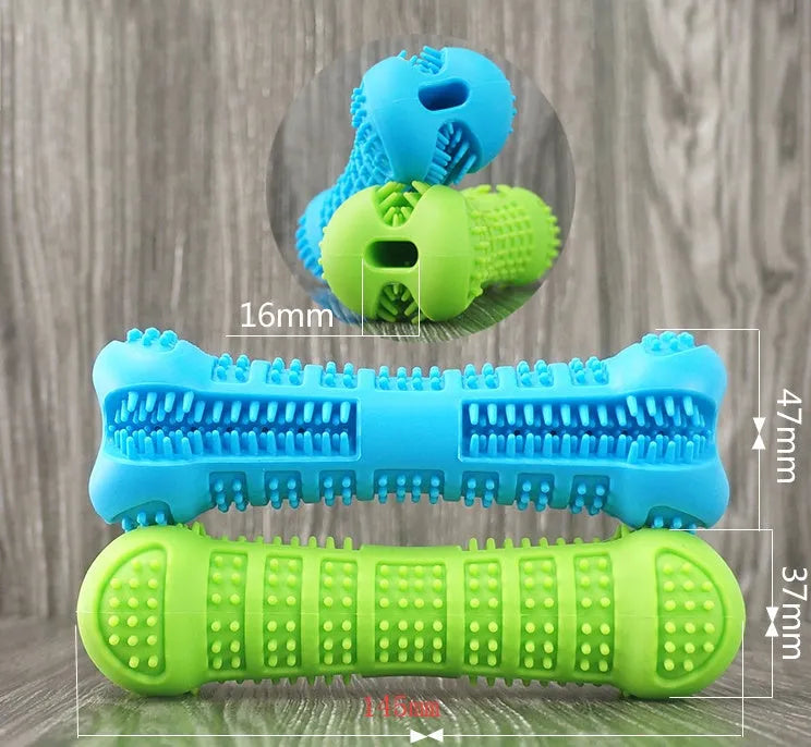 Blue silicone bone-shaped dog toothbrush with 360-degree bristles on white background