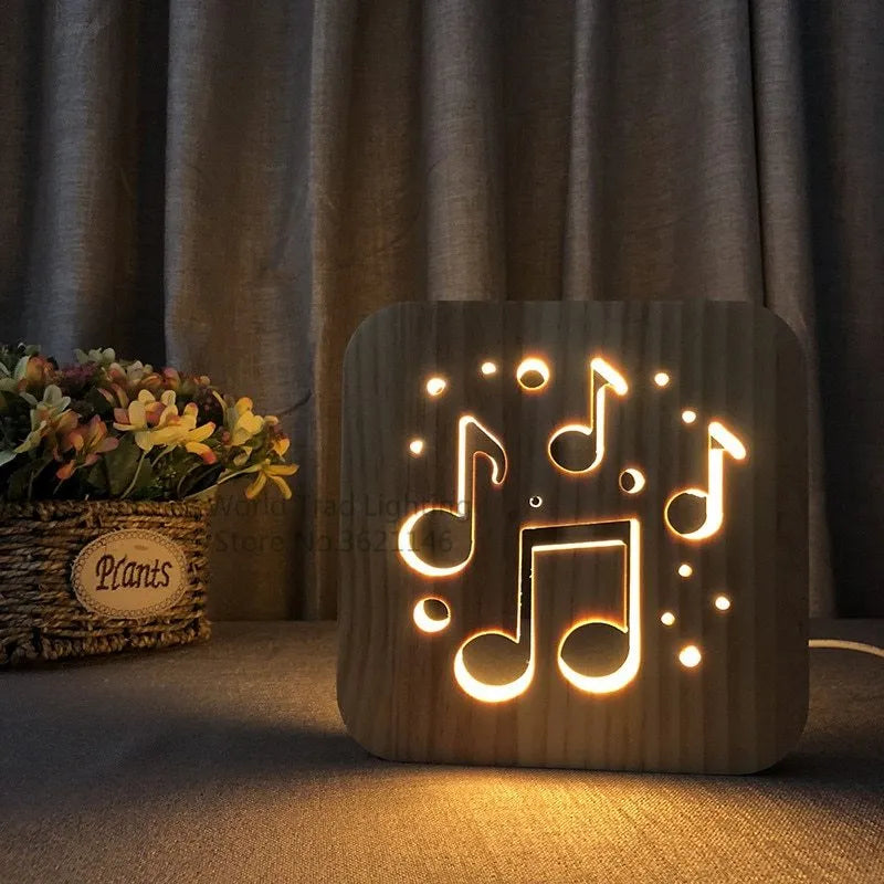 Pine wood USB-powered 3D LED atmosphere light with warm white illumination measuring 19 x 19 x 3 cm