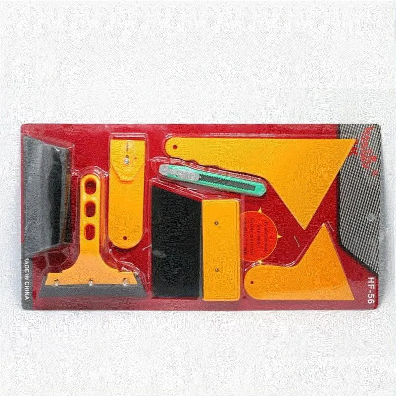 Seven-piece car foil tool set with scrapers, knives, and film installation tools
