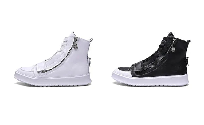 Men's black and white PU leather winter ankle boots in high-top sneakers style with microfiber construction