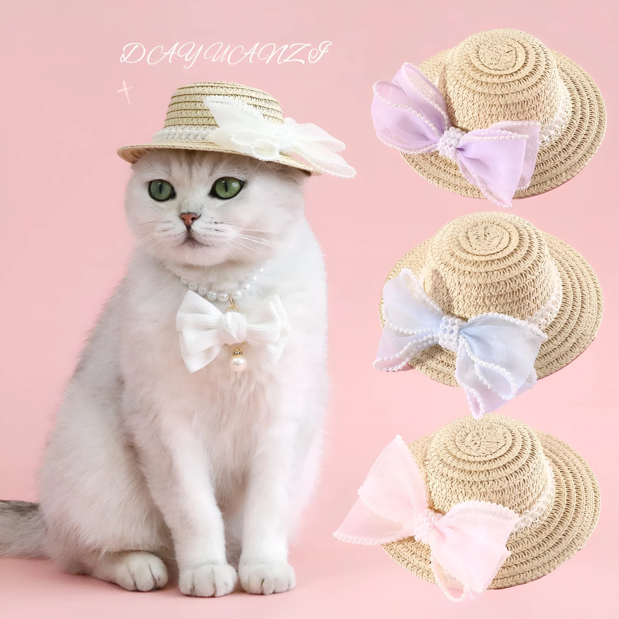 Woven Lafite leaves cat hat with pearl butterfly bow in pink blue purple or white