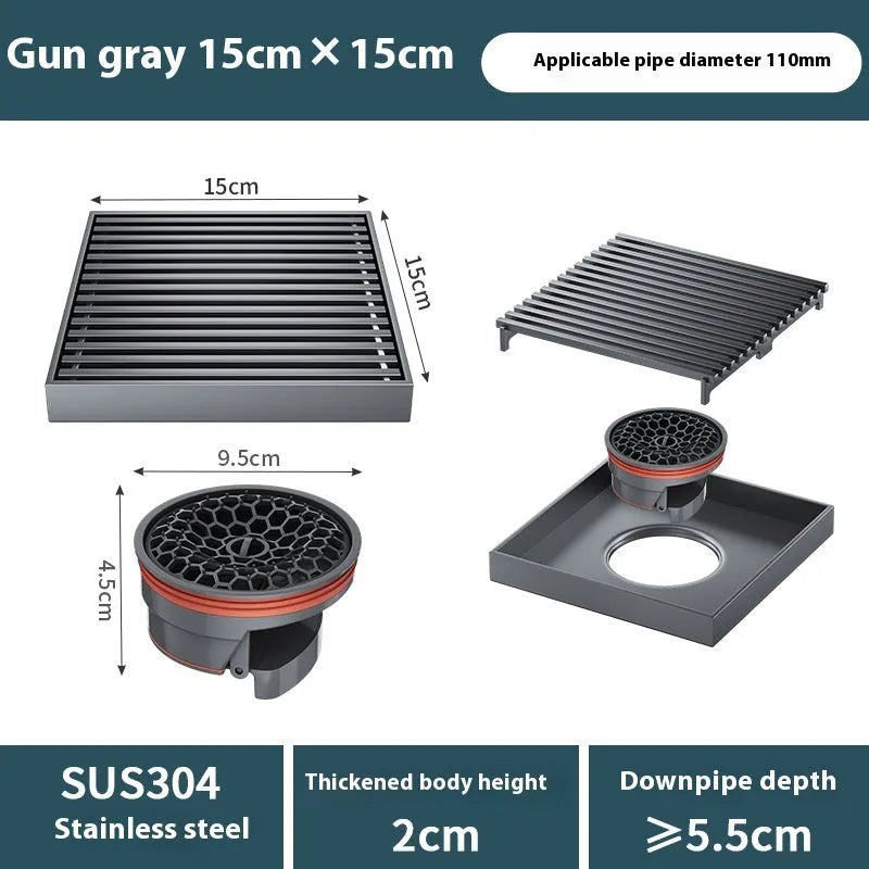 304 stainless steel courtyard floor drain with gun grey 15x15cm ABS plastic core for outdoor drainage